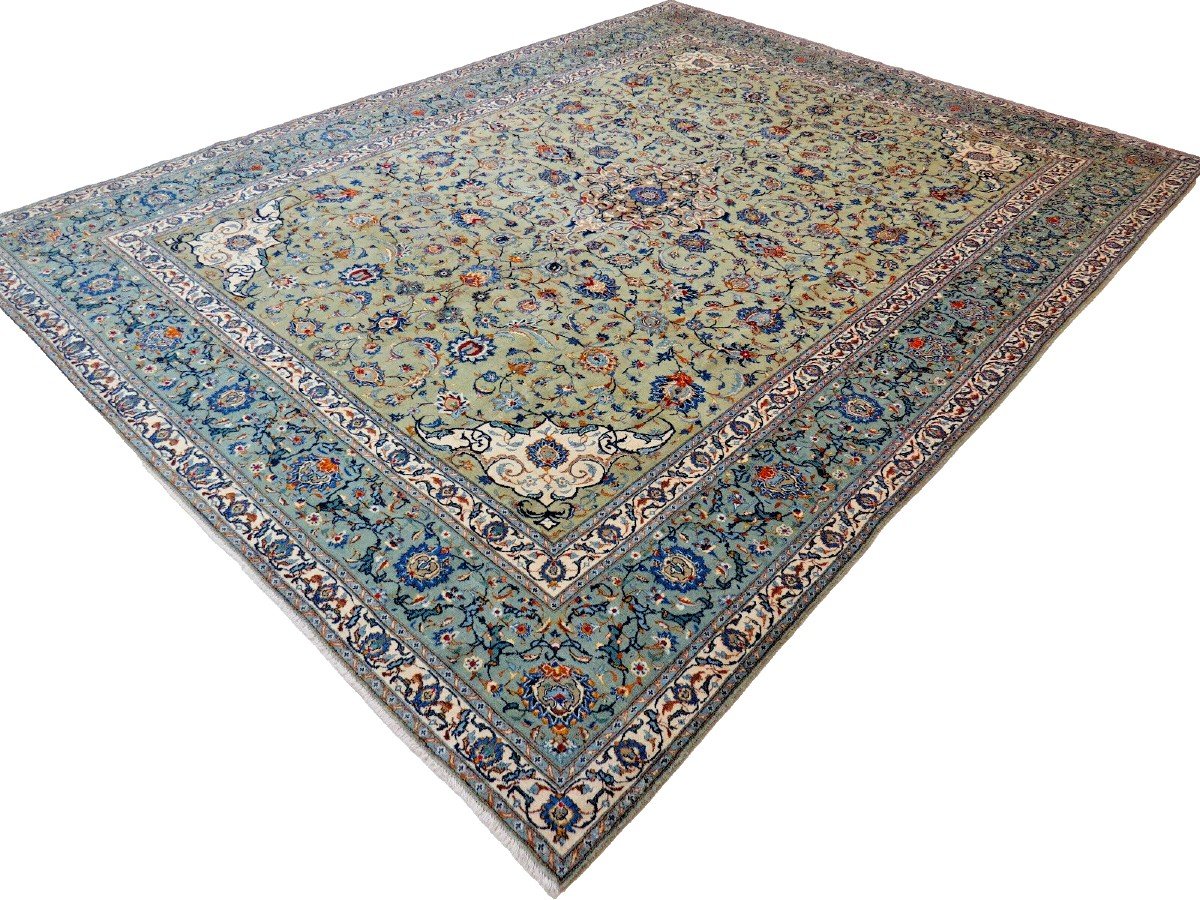 New Green 421x320 Cm Original Hand-knotted Persian Carpet Kashan-photo-4