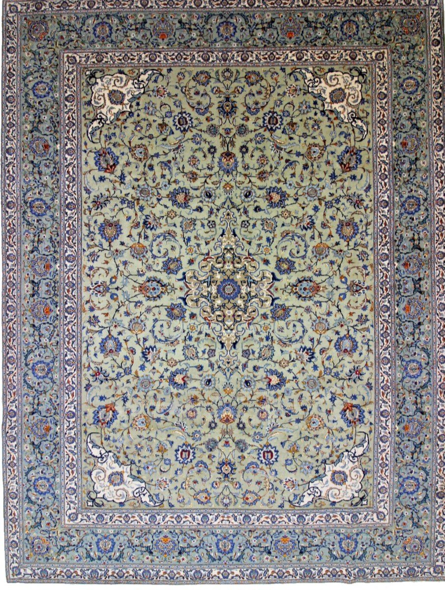 New Green 421x320 Cm Original Hand-knotted Persian Carpet Kashan