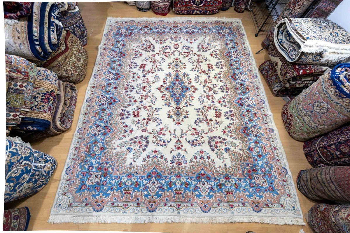 Unique 300x245cm Genuine Original Kirman Hand-knotted Persian Carpet Beige/blue-photo-2