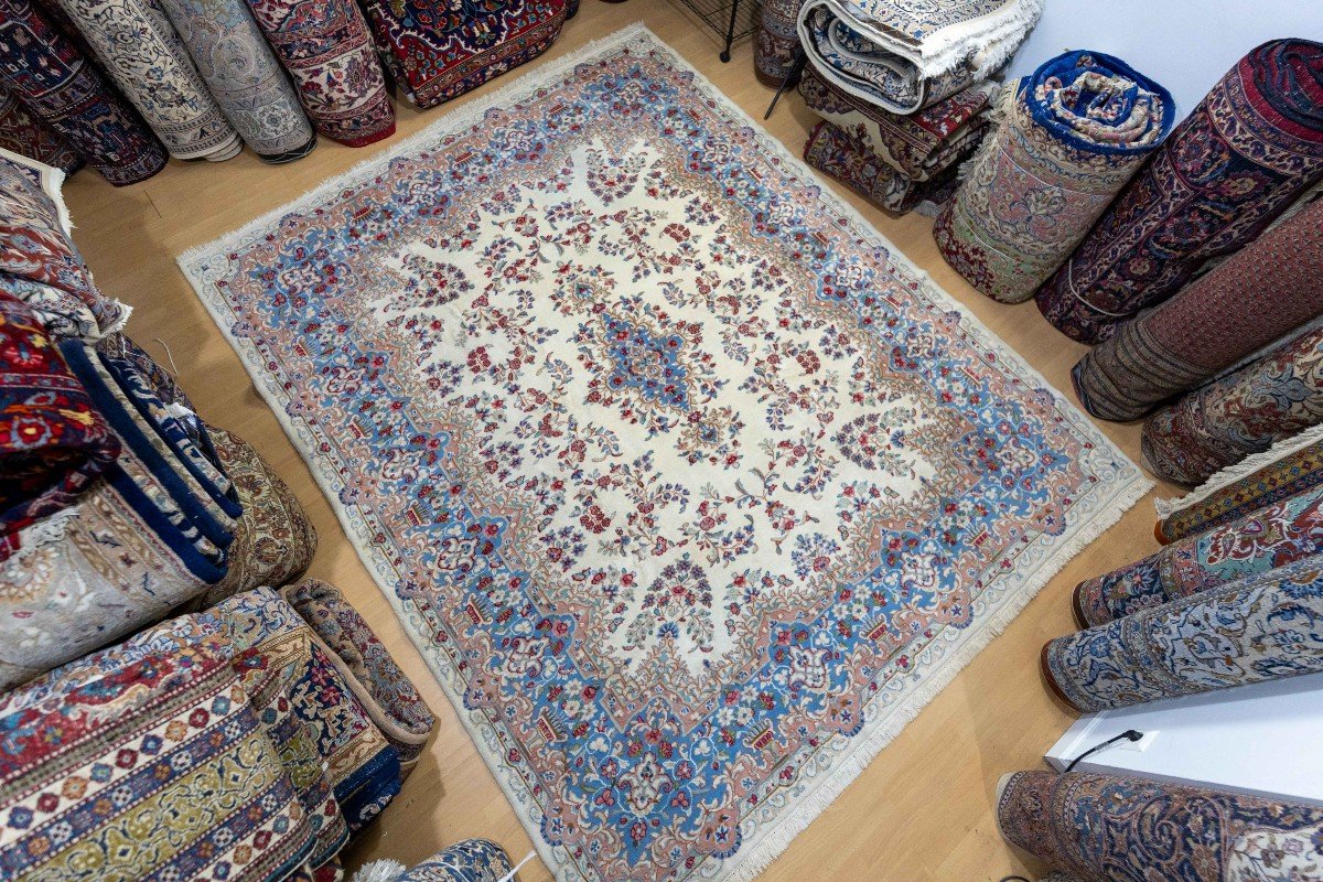 Unique 300x245cm Genuine Original Kirman Hand-knotted Persian Carpet Beige/blue-photo-3