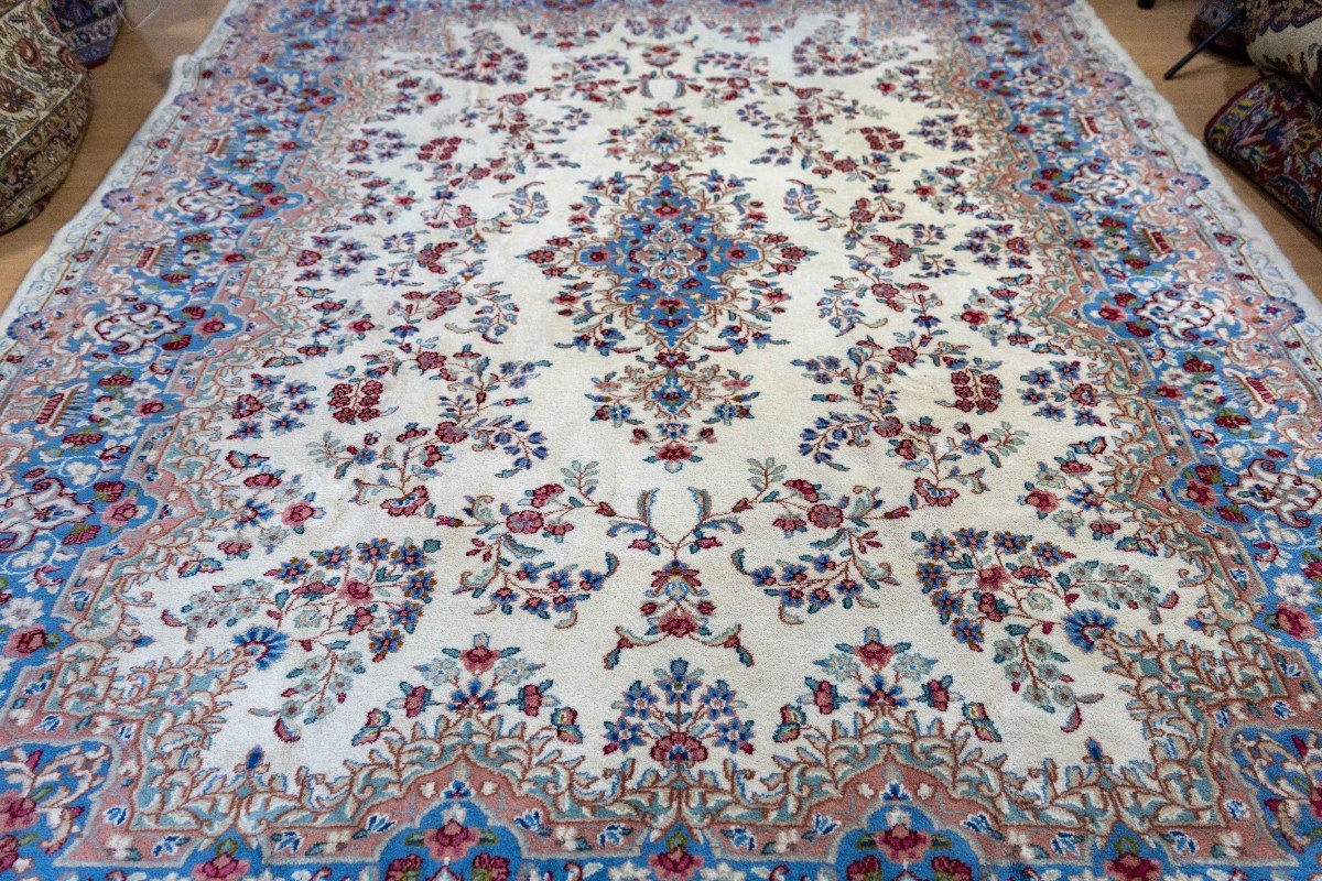 Unique 300x245cm Genuine Original Kirman Hand-knotted Persian Carpet Beige/blue-photo-4