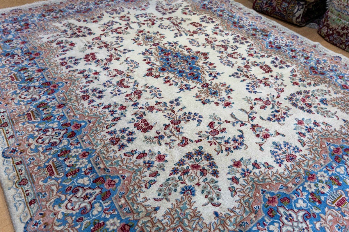 Unique 300x245cm Genuine Original Kirman Hand-knotted Persian Carpet Beige/blue-photo-2