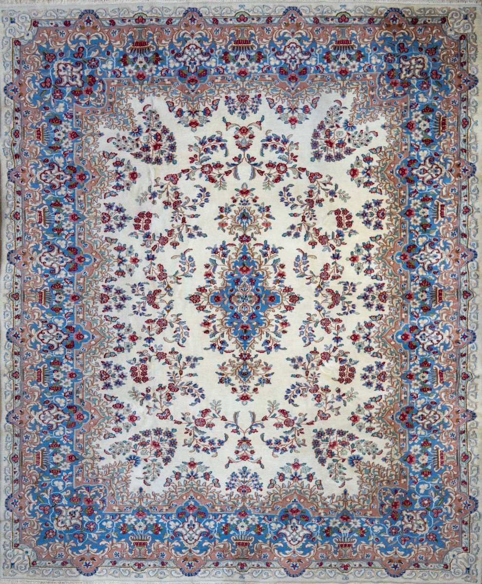 Unique 300x245cm Genuine Original Kirman Hand-knotted Persian Carpet Beige/blue