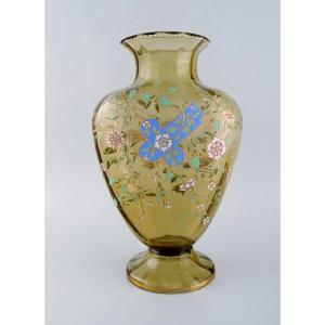 Emile Gallé, France. Large Antique Vase In Smoke-colored Art Glass With Floral Motifs