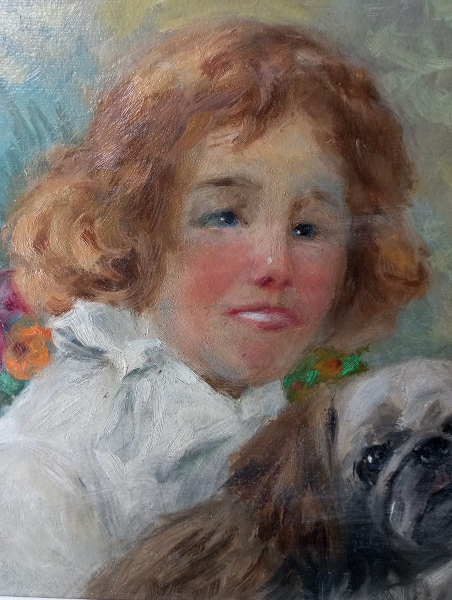 Langlois, Jeune Fille Au Chien, Huile Sur Panneau,  école Française Du 20eme Siècle.-photo-2