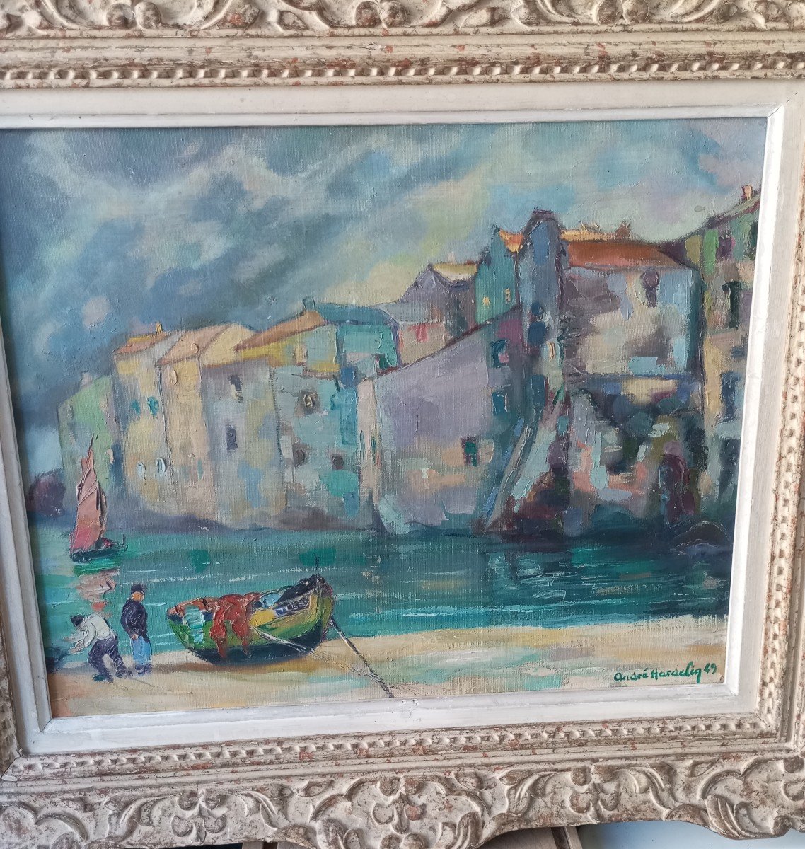 André Hardelin (20th Century) Provençal Port, Oil On Canvas.-photo-1