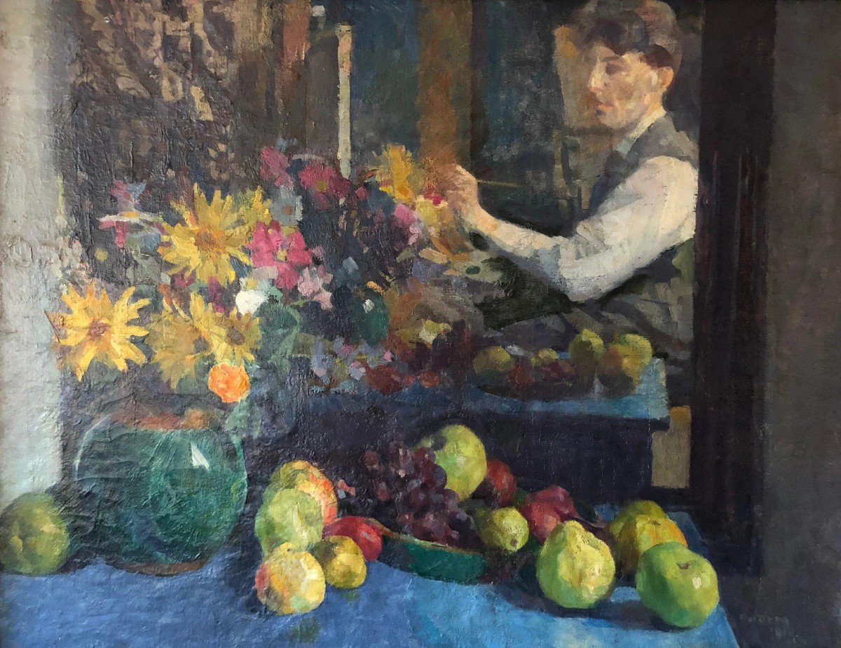 Pol Dom (antwerp 1885-the Hague 1978), Self-portrait With Flowers And Fruit, Oil On Canvas, Signed