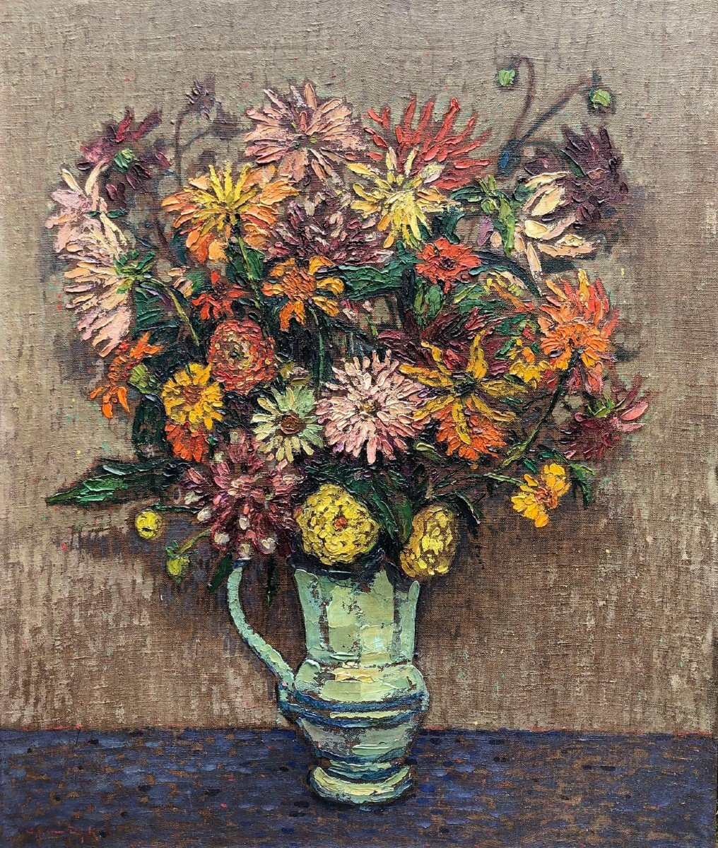 Alfons J. Van Dijck, (1894-1979)  Fleur Nature Morte, Huile Sur Toile, Signée-photo-2