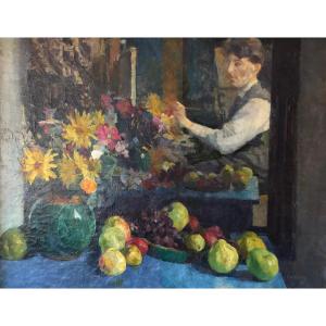 Pol Dom (anvers 1885-la Haye 1978), Autoportrait Avec Fleurs And Fruit, Huile Sur Toile, Signé