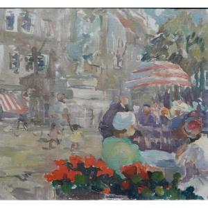 Frans Hollaardt, On A Terrace, Signed, Oil On Canvas Laid Down On Panel