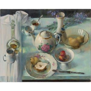 Gennadi Gorschkow (jaroslawl 1959), Still Life With Teapot And Pears, Oil On Canvas 