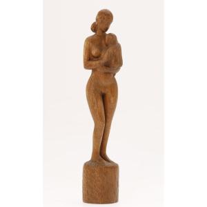 Ecole Européenne Du XXe Siècle, Mère Avec Enfant, Sculpture En Bois