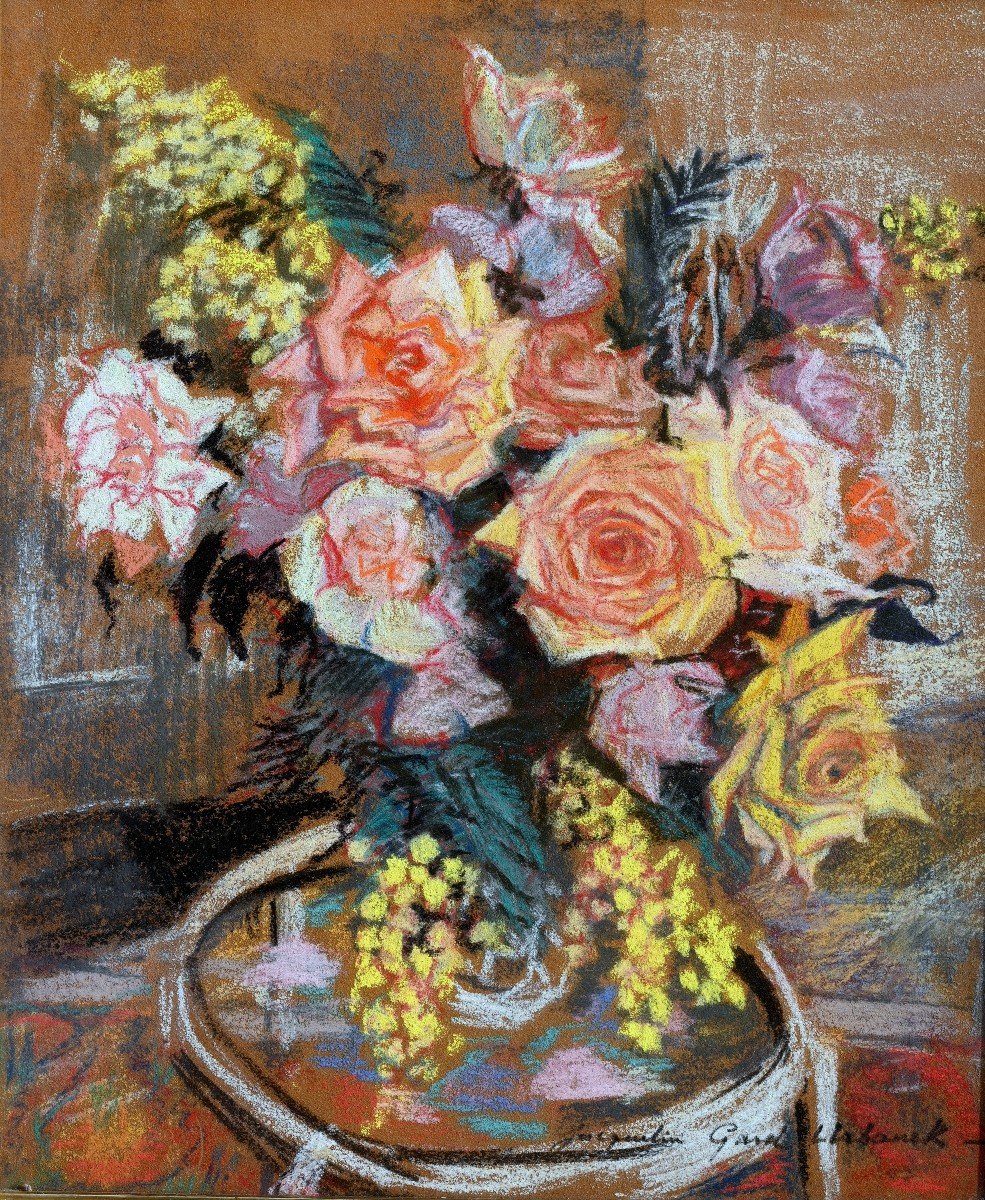 Jacqueline GARD-URBANEK (xxe) Bouquet De Roses Et De Mimosa | Tableau Pastel Fleurs 