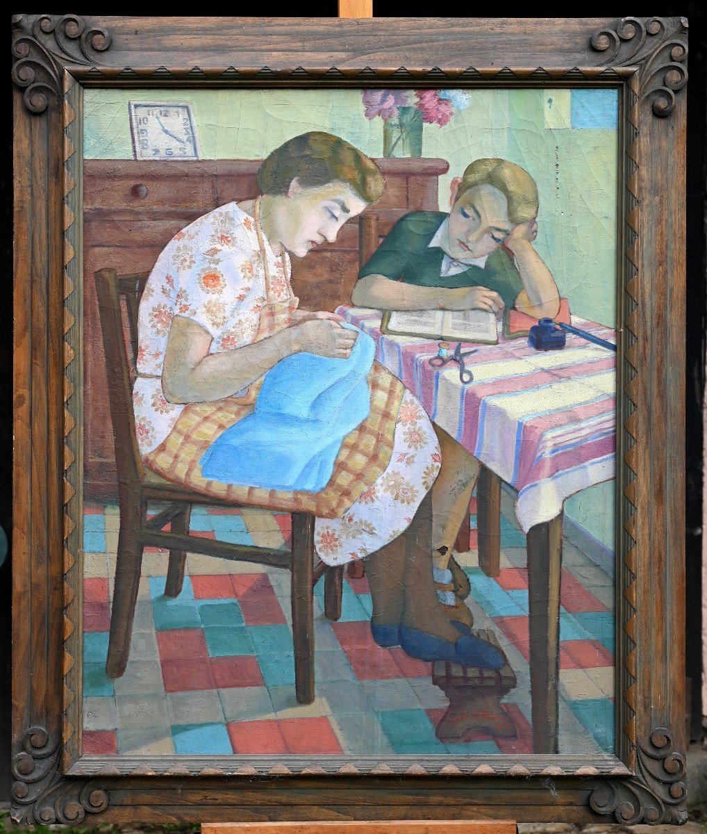 Sewing And Homework, Monogrammed, Dated 1944 | Genre Scene, Second World War-photo-2