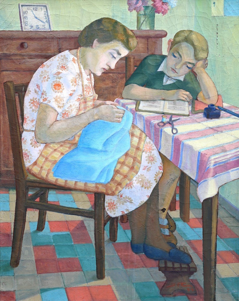 Sewing And Homework, Monogrammed, Dated 1944 | Genre Scene, Second World War