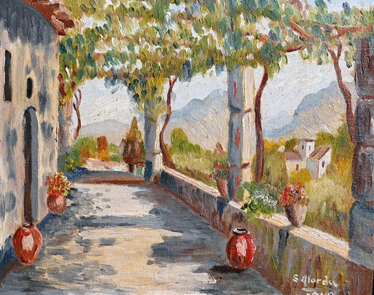 La terrasse sous la pergola, 1940 | Huile sur bois signée S. ALORDA (?) 