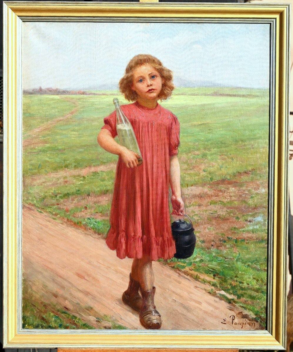 Edouard Paupion (1854-1912) Little Girl Carrying Water And Food In The Fields-photo-1