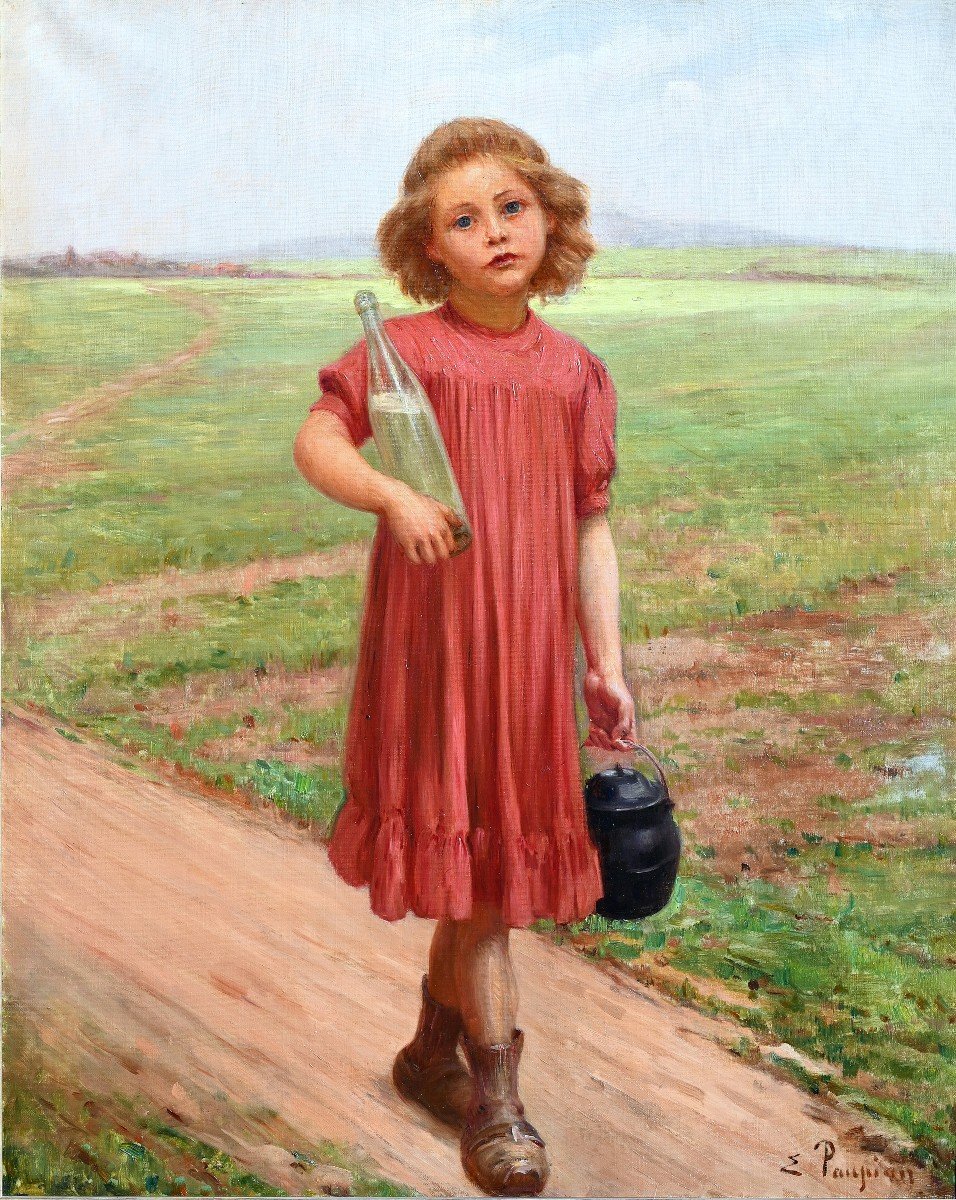 Edouard Paupion (1854-1912) Little Girl Carrying Water And Food In The Fields