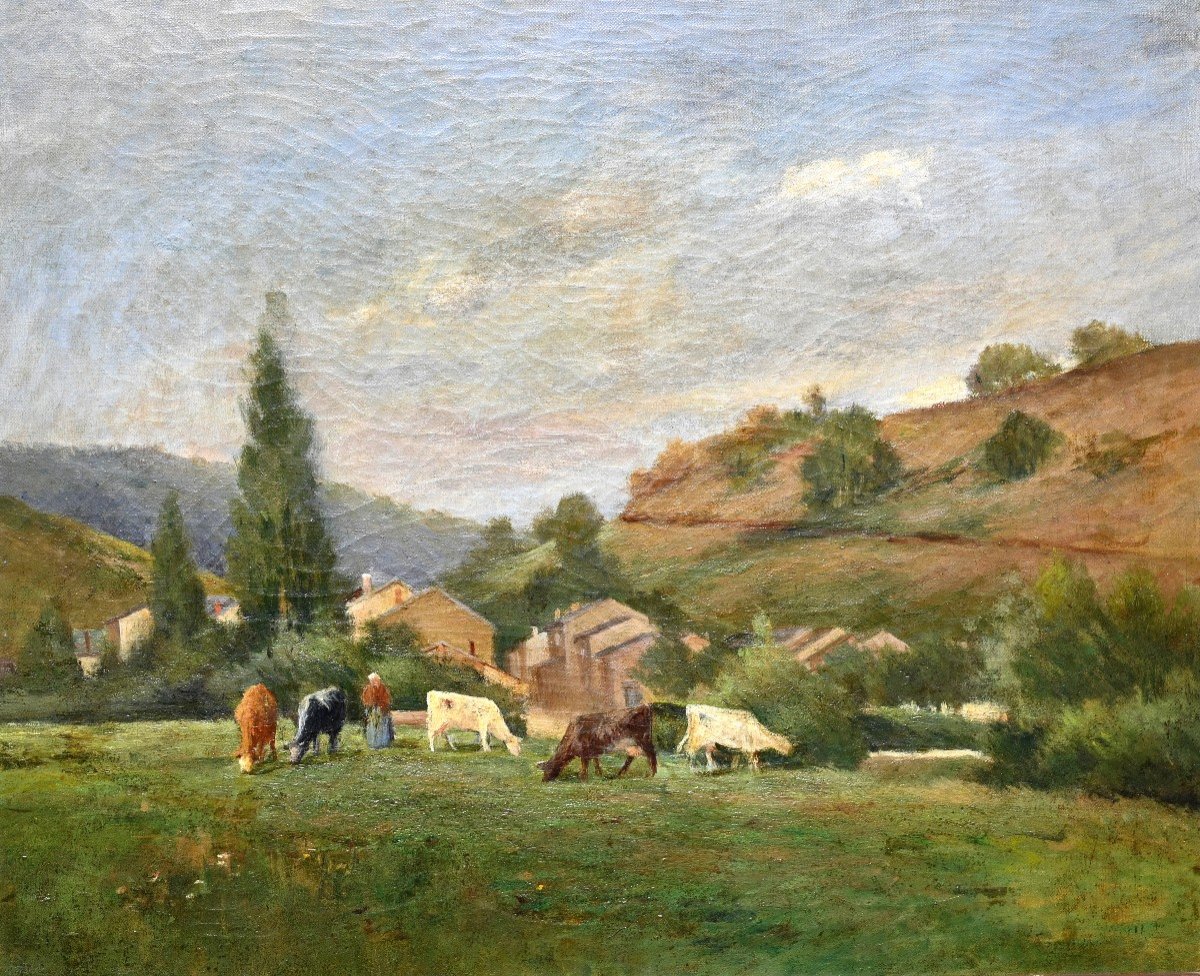 Paysage à La Gardeuse De Vaches | Ecole Française Fin XIXe 