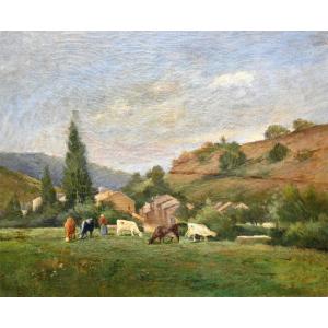 Paysage &agrave; la gardeuse de vaches fin XIXe | Tableau &eacute;cole fran&ccedil;aise