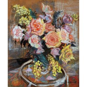 Jacqueline Gard-urbanek (20th) Bouquet Of Roses And Mimosa | Pastel Flowers Painting