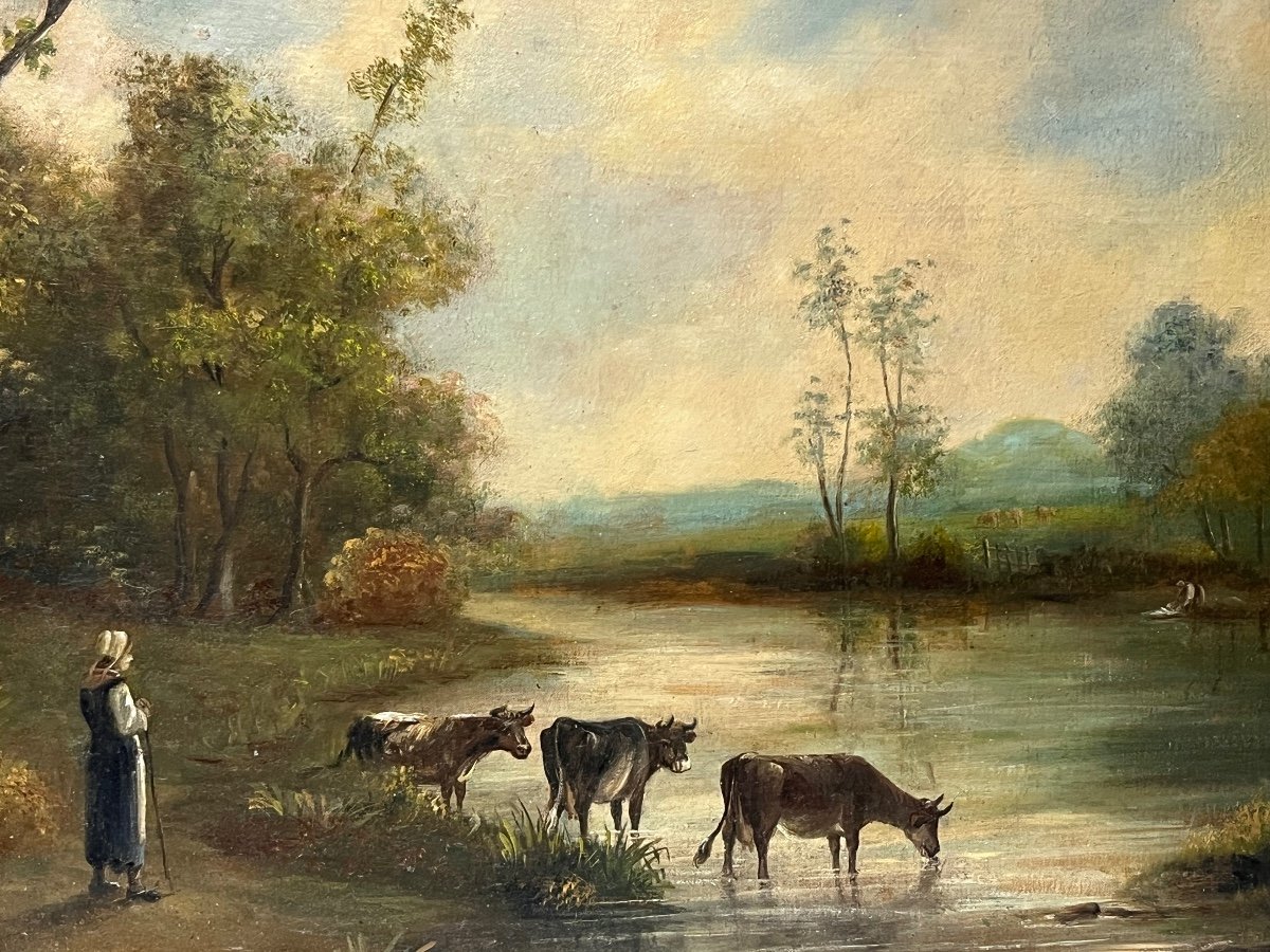 Oil On Canvas, Emile Tesson "herd At The Pool" -photo-3