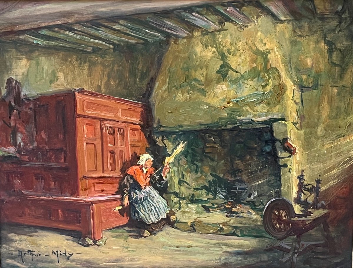 Oil On Wood, Arthur Midy, "breton Interior"-photo-4