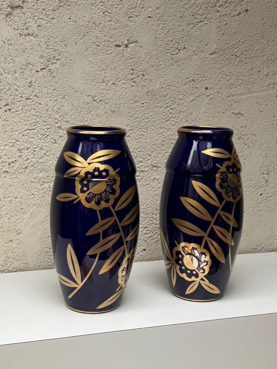 Sainte Radegonde, Pair Of Ceramic Baluster Vases With Gold Decor, Gustave Hash-photo-2