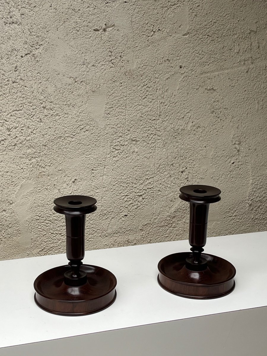 Pair Of Rosewood Candle Holders, Art Deco 