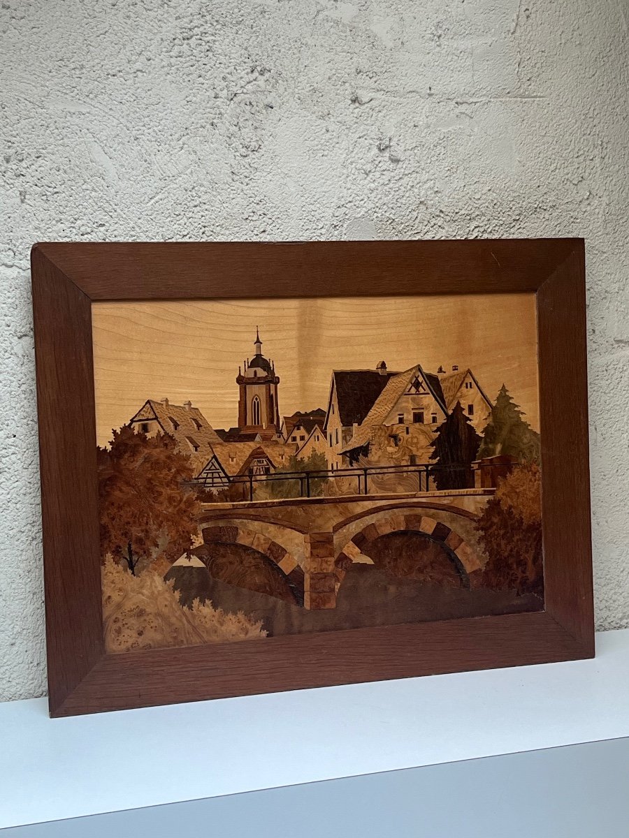 Wood Marquetry Painting Signed Joseph Aufderbruck