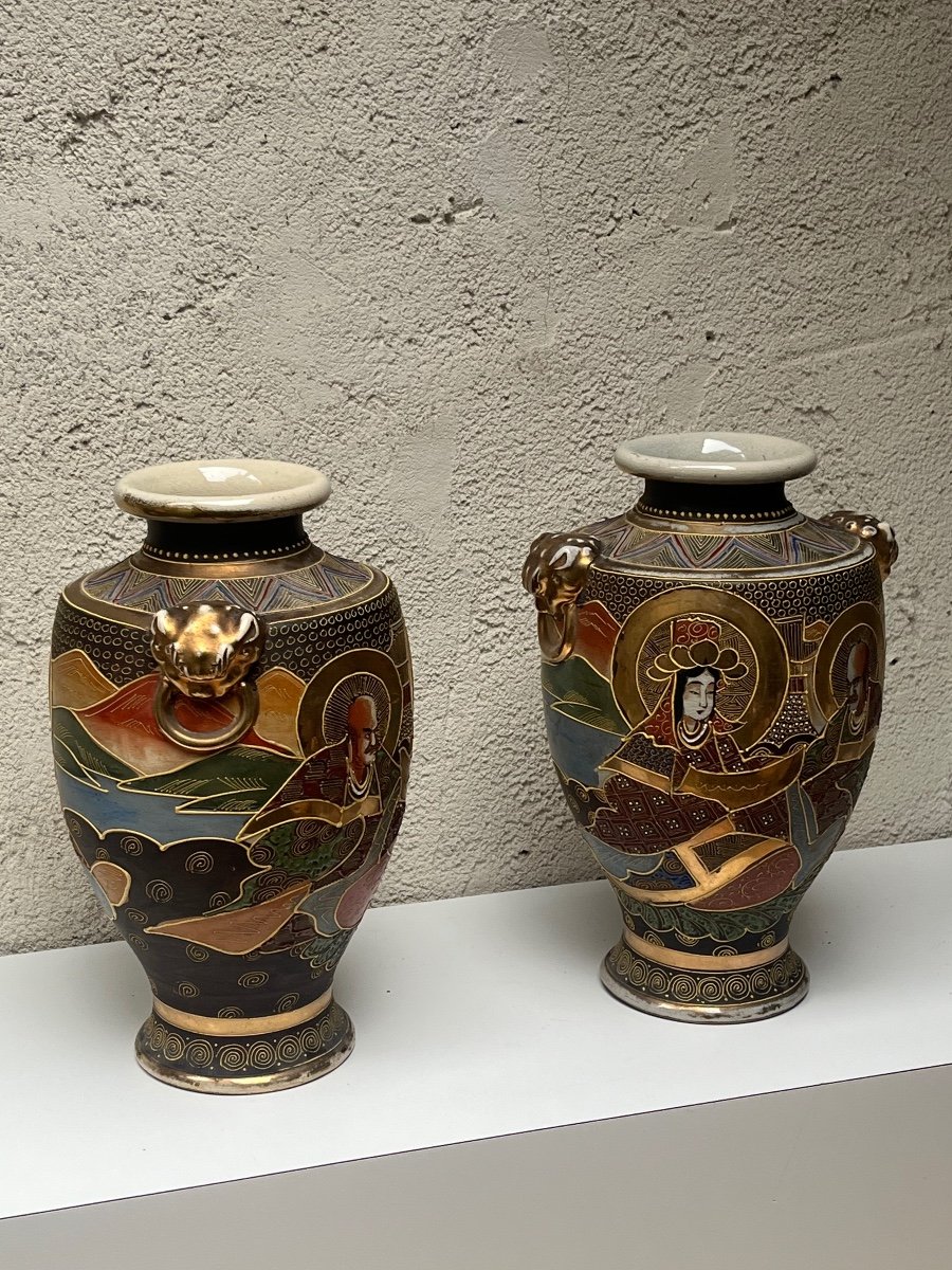 PAIRE DE VASES EN FAIENCE EMAILLEE POLYCHROME ET OR - JAPON, FOURS DE SATSUMA-photo-3