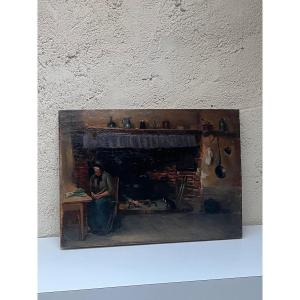 Oil On Wood, G. Colombel "rustic Interior"