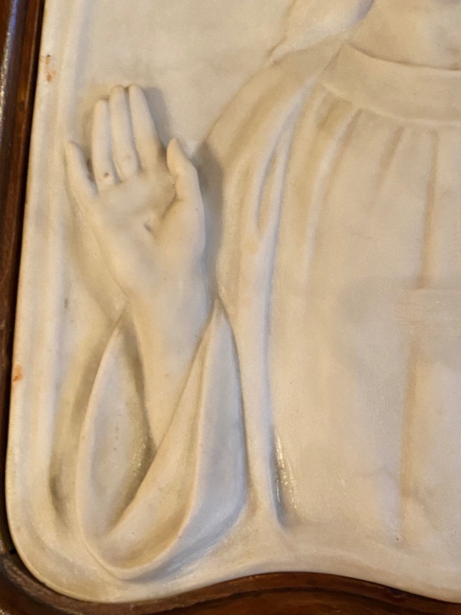 1900, Sacred Heart Of Jesus, Bas Relief In White Carrara Marble Signed-photo-3