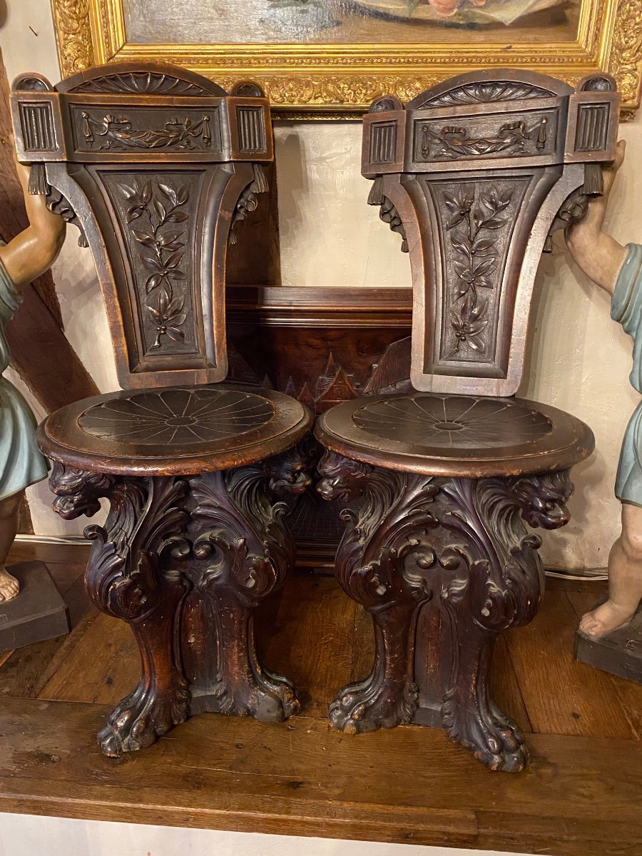 Pair Of Sgabellis, Renaissance Style Chairs In Walnut From The XIX Eme Century-photo-2