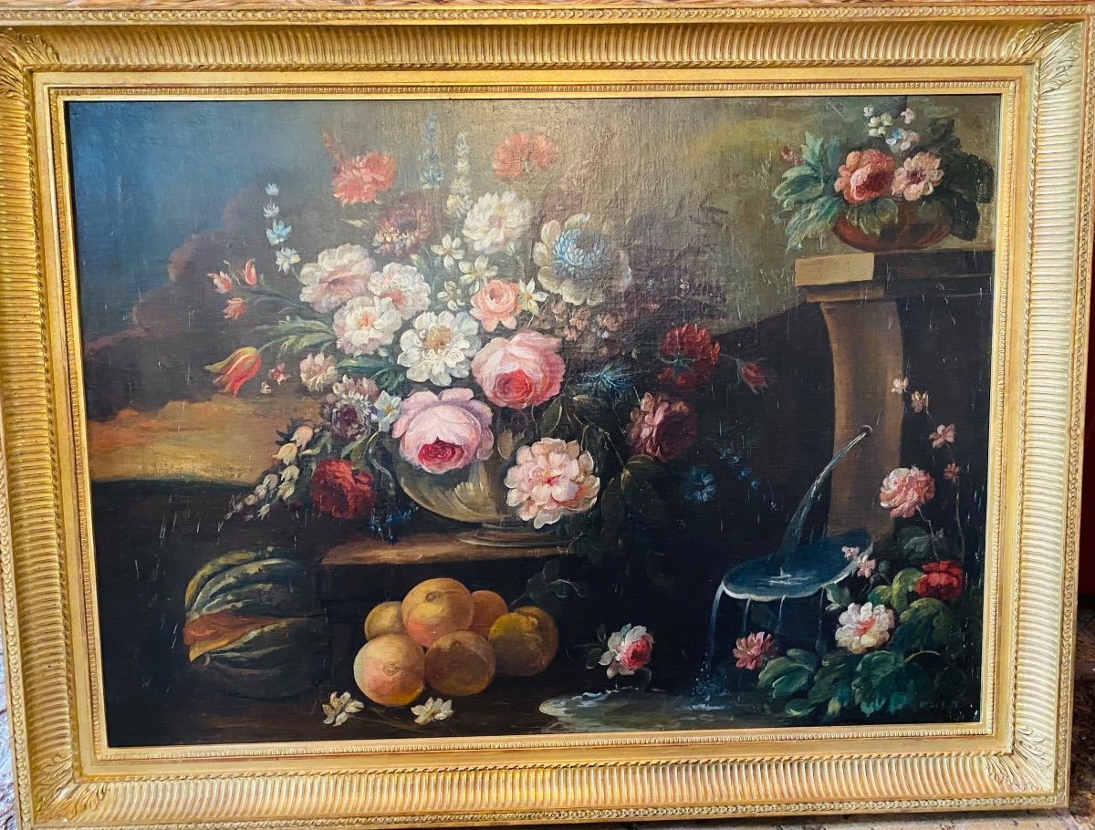 Large Still Life With Floral Composition And Fruit Near A Fountain, Early XIX Em-photo-3