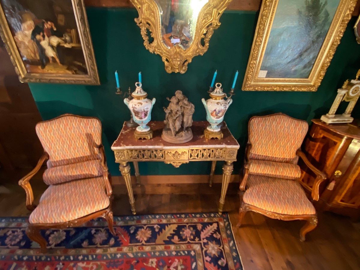 Paire De Fauteuil à Châssis De Style Louis XV, En Hêtre Sculpté Fin Du XIX Eme Siècle -photo-2