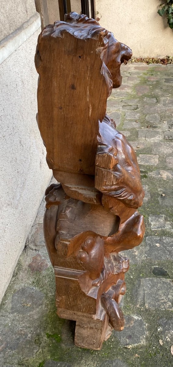 Lion Rugissant En Chêne Monoxyle , Départ D’escalier Fin Du XIX Eme Siècle -photo-5