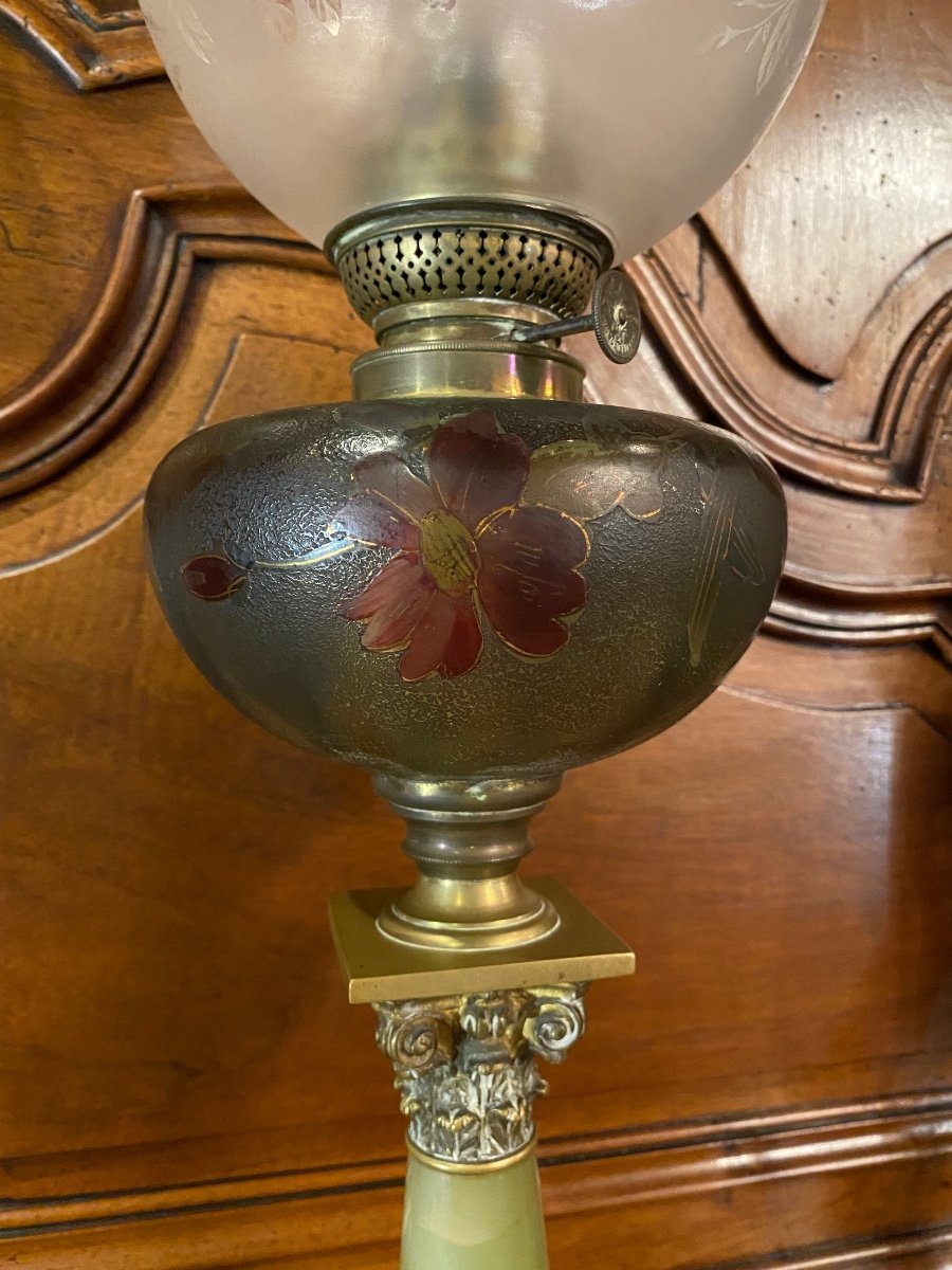 Very Large Oil Lamp, Onyx, Bronze And Enamelled Glass End Of The XIX Eme Century-photo-4