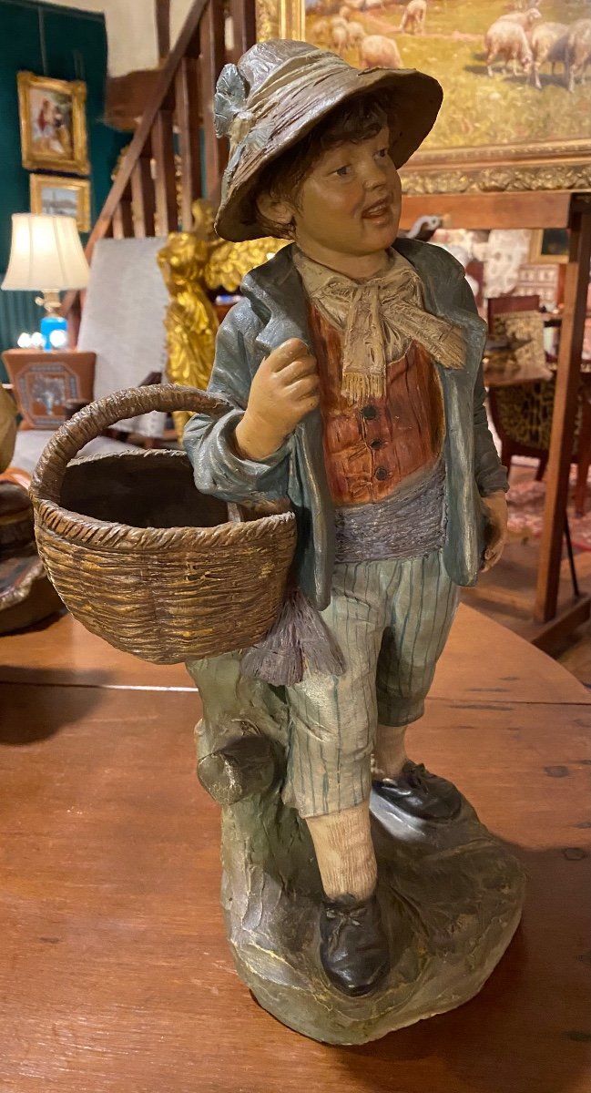 Polychrome Terracotta: Young Boy With Basket, Beginning Of The XX Eme Century In The Spirit Of Goldsh-photo-4