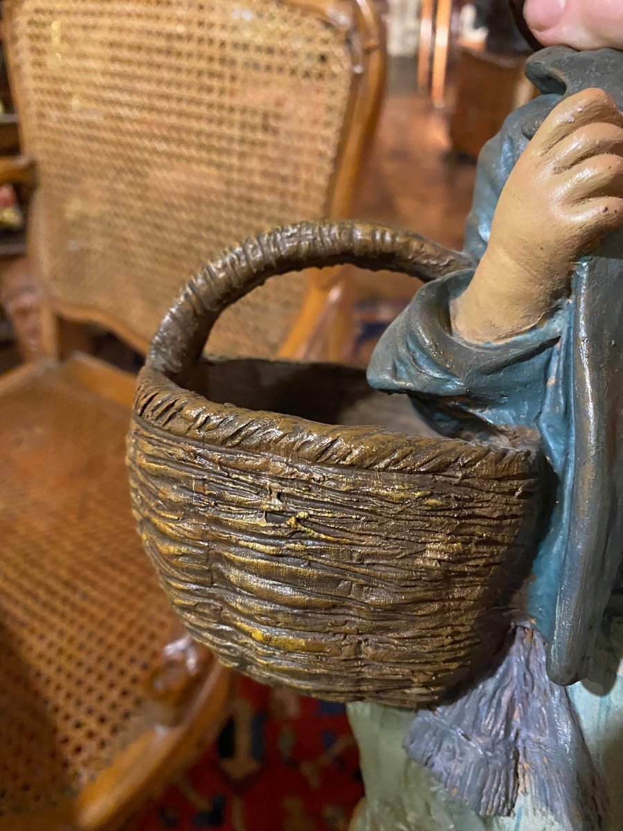 Polychrome Terracotta: Young Boy With Basket, Beginning Of The XX Eme Century In The Spirit Of Goldsh-photo-6