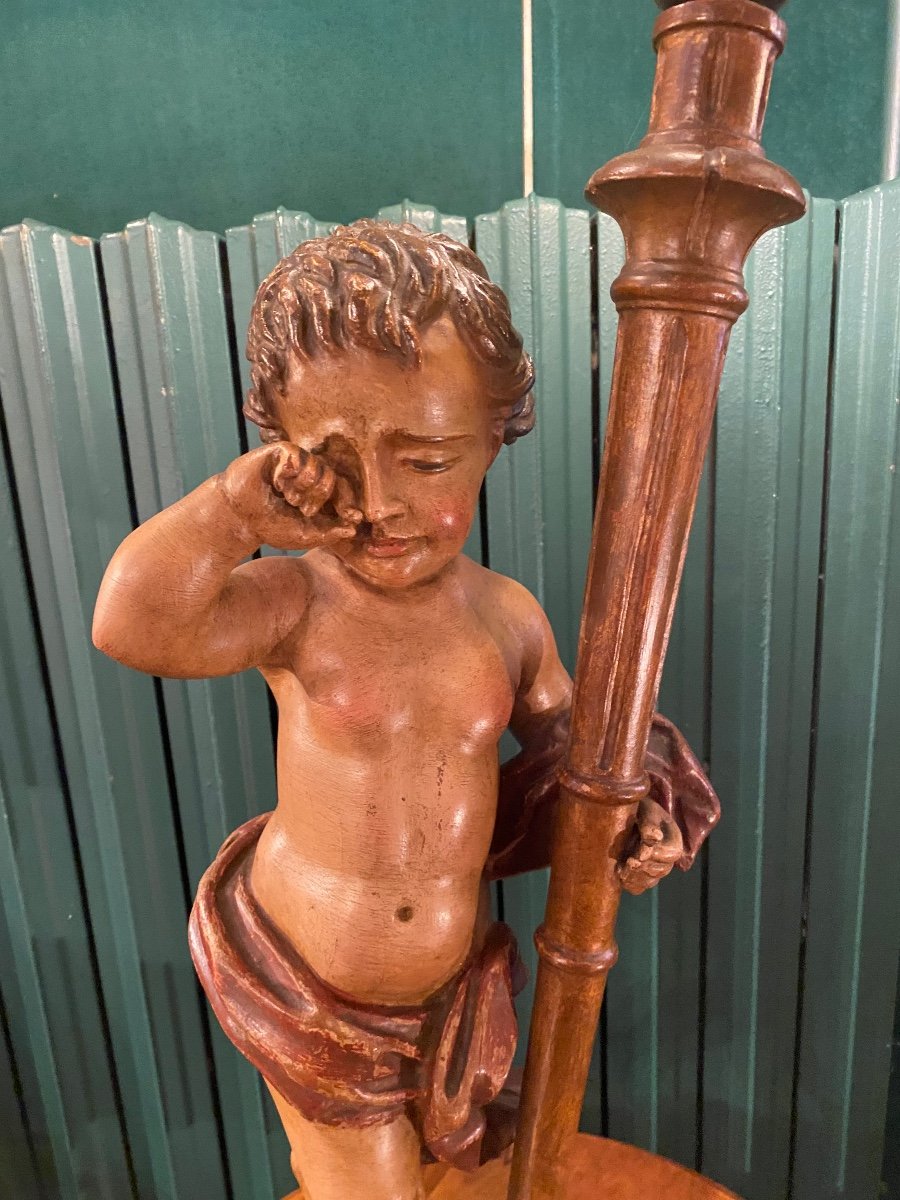 Lampe Putto Au Chagrin En Bois Sculpté, 1 ère Moitié Du XX Eme Siècle -photo-1