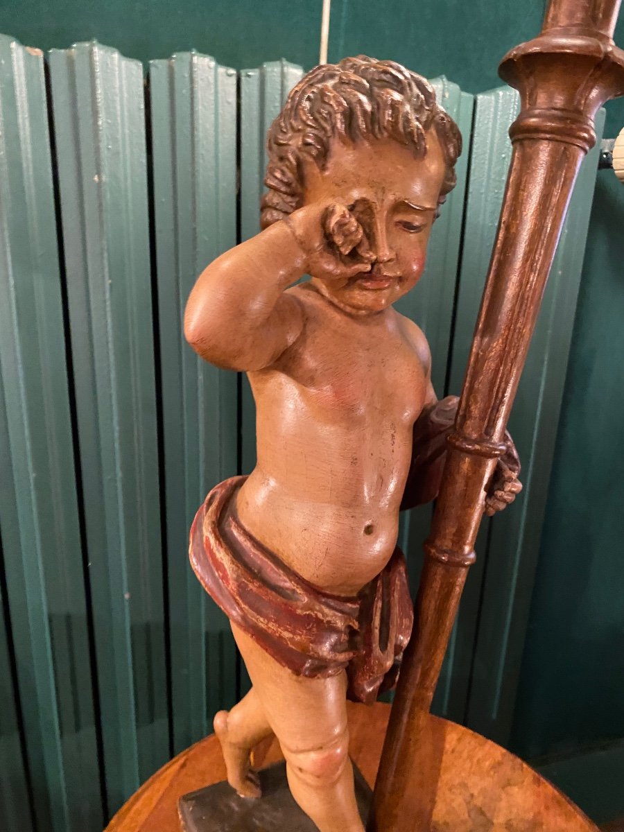 Lampe Putto Au Chagrin En Bois Sculpté, 1 ère Moitié Du XX Eme Siècle -photo-2