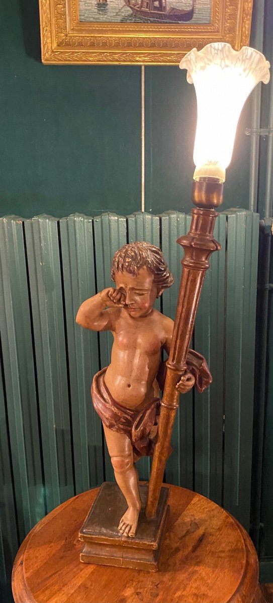 Lampe Putto Au Chagrin En Bois Sculpté, 1 ère Moitié Du XX Eme Siècle 