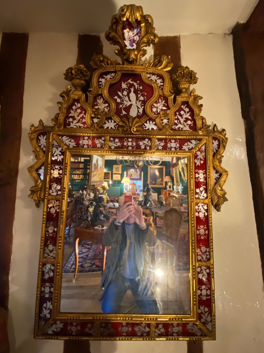 Large Mirror In Golden Wood And Eglomised Glass Circa 1930-photo-1