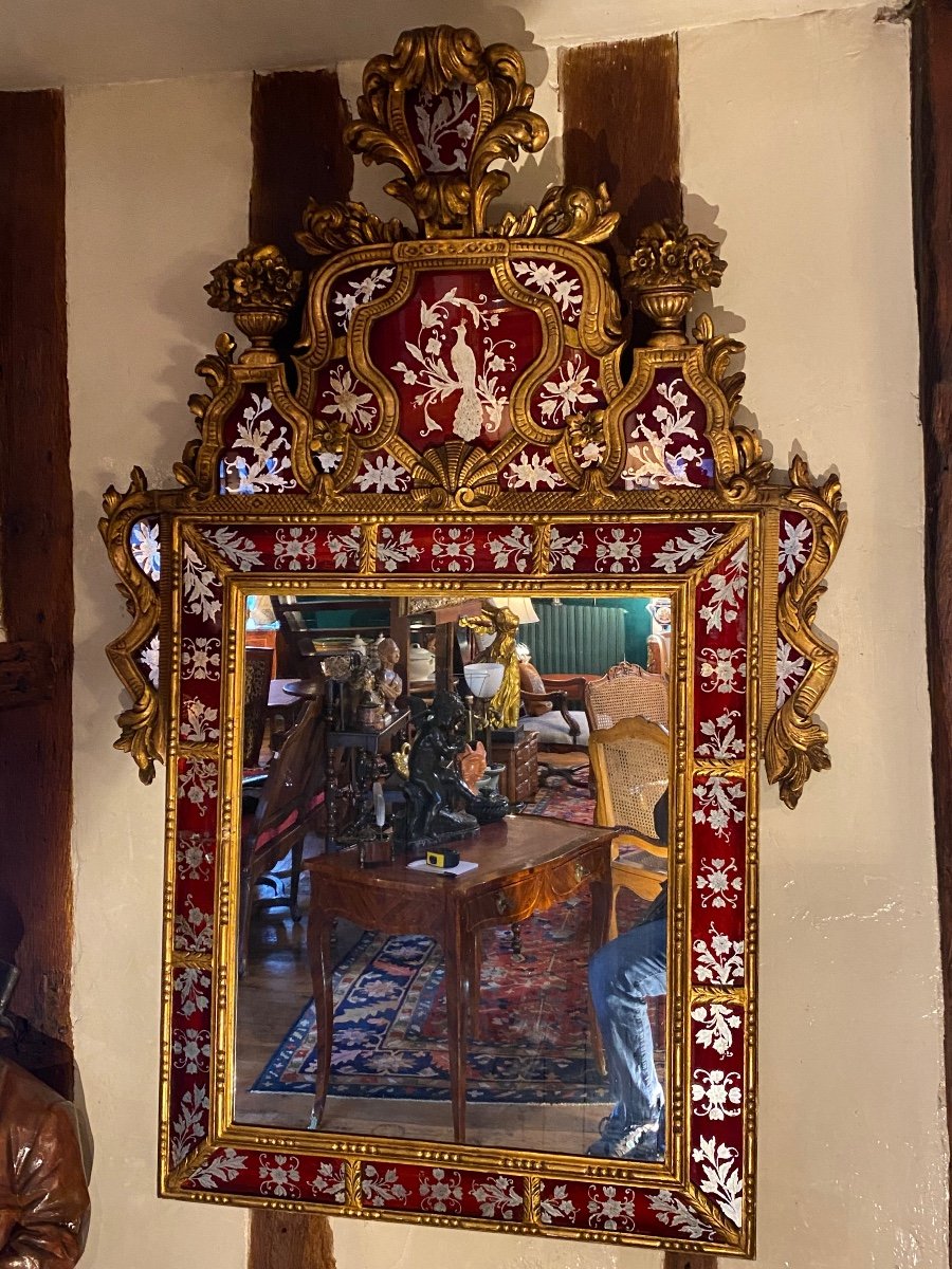 Large Mirror In Golden Wood And Eglomised Glass Circa 1930-photo-8