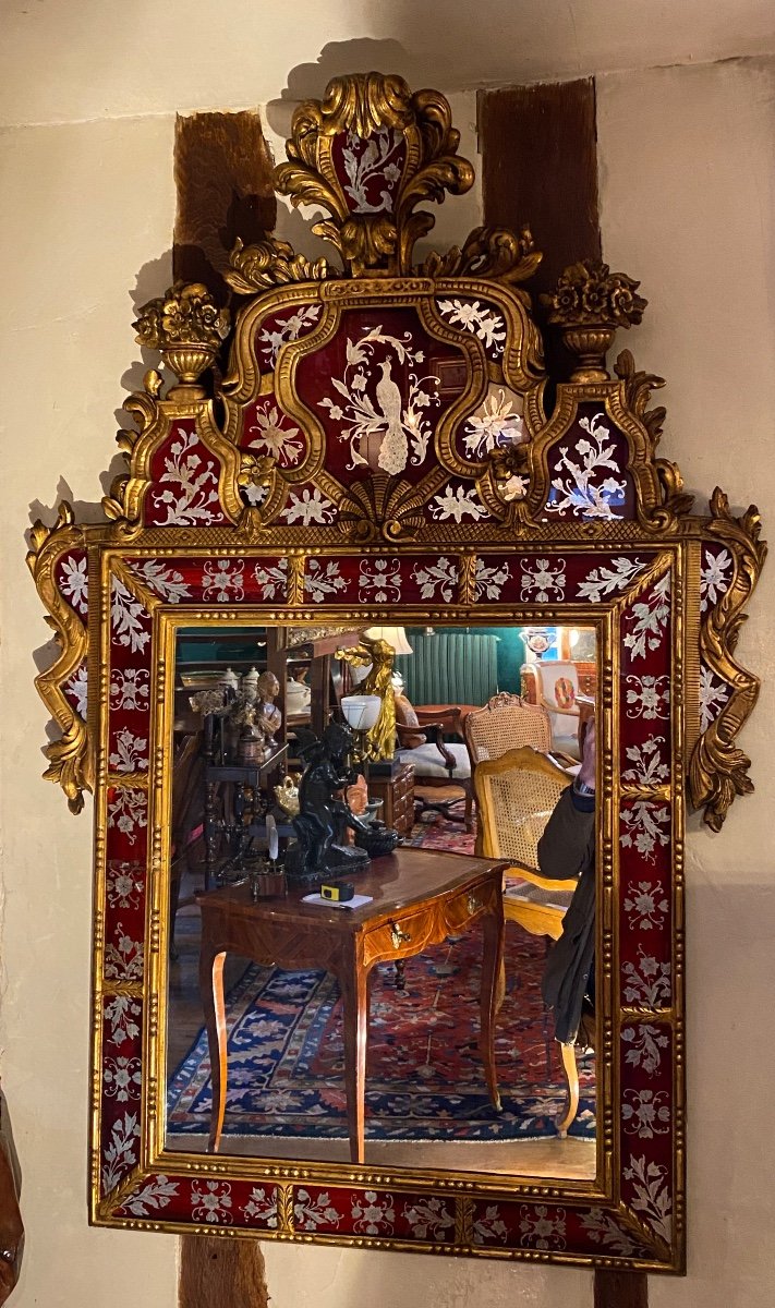 Large Mirror In Golden Wood And Eglomised Glass Circa 1930