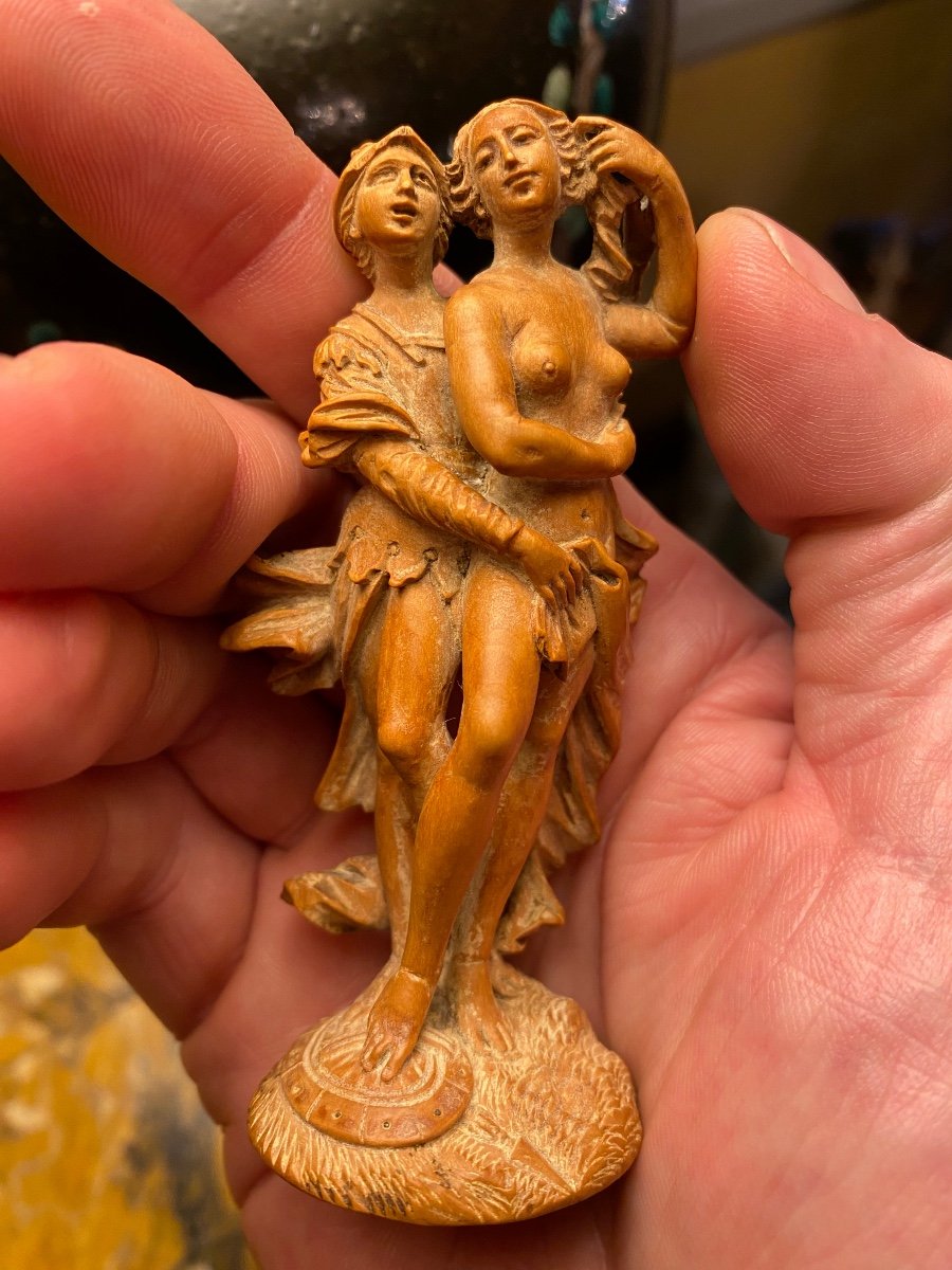 Rare Statuette En Buis De La Fin Du XVII Eme Siècle : Les Amours De Mars Et Vénus -photo-2