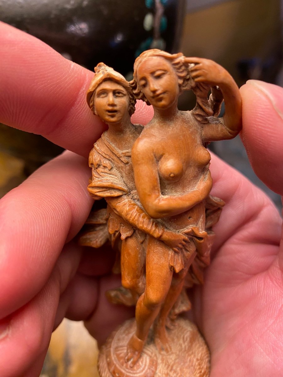 Rare Statuette En Buis De La Fin Du XVII Eme Siècle : Les Amours De Mars Et Vénus -photo-3