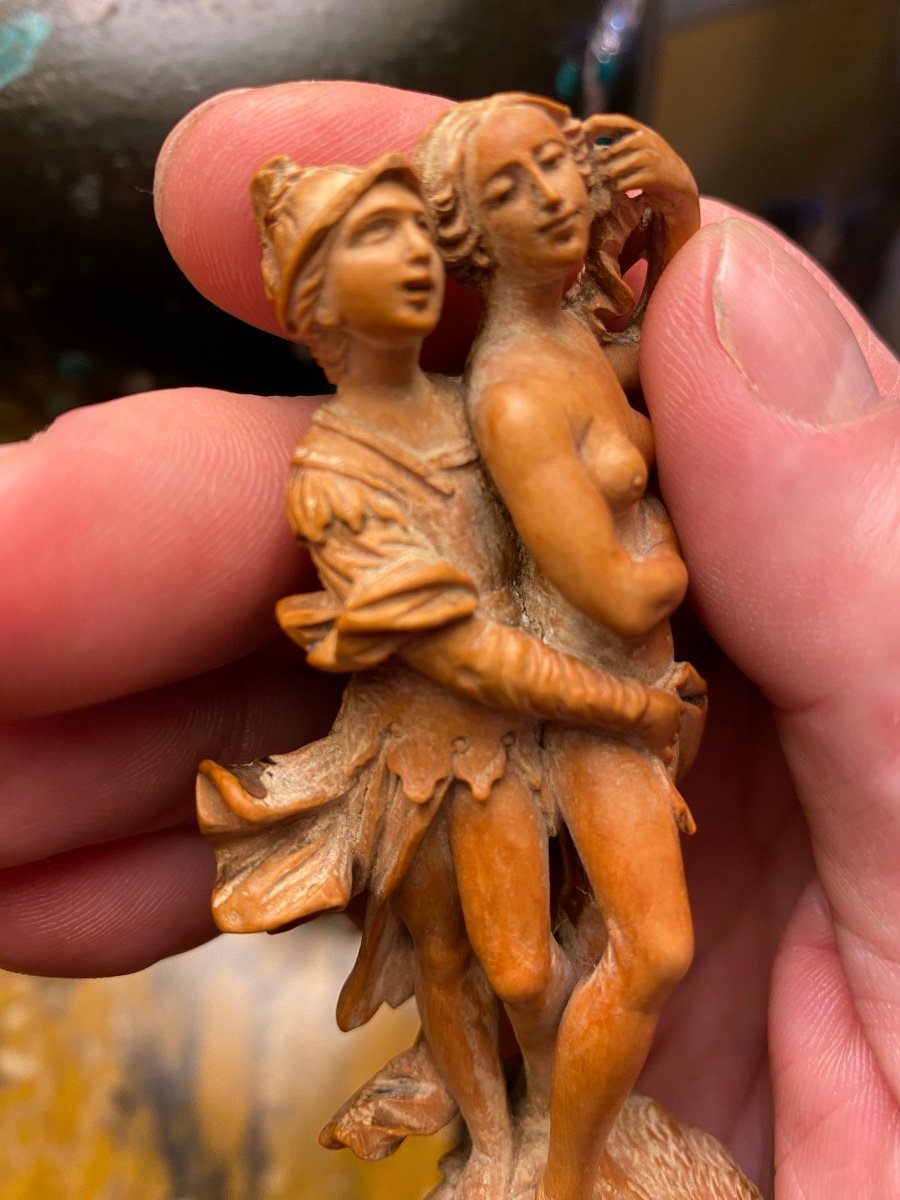 Rare Statuette En Buis De La Fin Du XVII Eme Siècle : Les Amours De Mars Et Vénus -photo-4