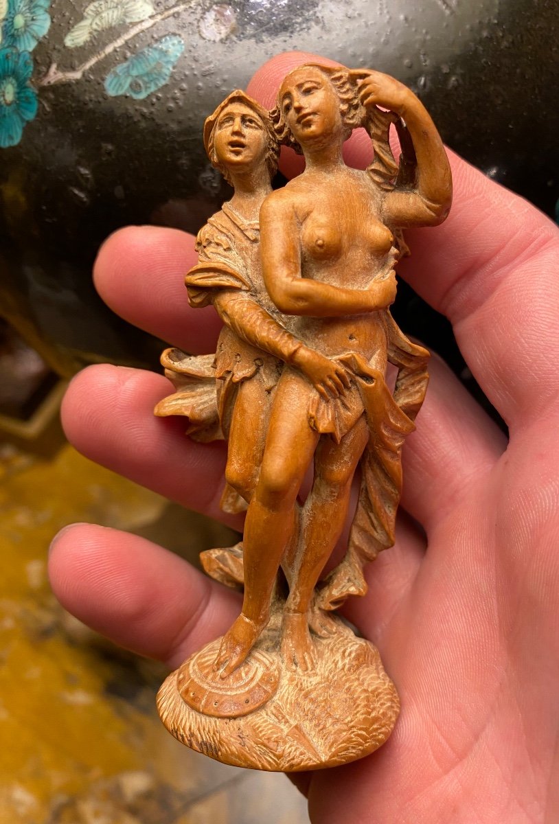 Rare Statuette En Buis De La Fin Du XVII Eme Siècle : Les Amours De Mars Et Vénus 